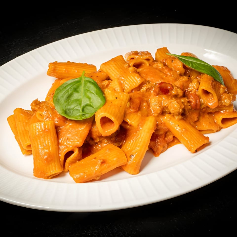 Rigatoni pasta with a creamy orange sauce and a fresh basil leaf on a white plate.